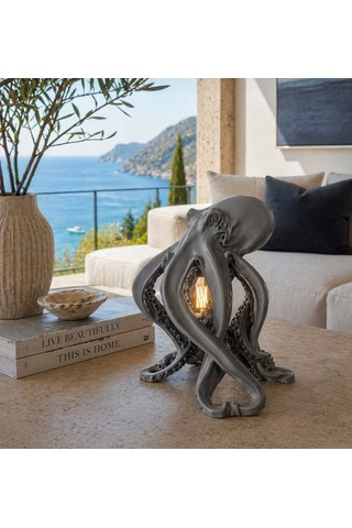3dlab Luxury Ahtapot Masa Lambası Dekoratif Tasarım Abajur Rustik Ampullü Premium Ev Dekoru Gri