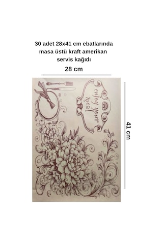 30 Adet 28x41 Cm Ebatlarında Masa Üstü Kraft Amerikan Servis Kağıdı Çiçek Desen
