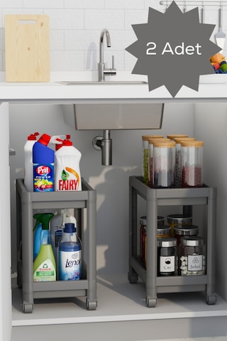 Mithra Life 2 Adet 2 Katlı Tekerlekli Tezgah Altı Gri Banyo Mutfak Rafı Mıt1124 Gri