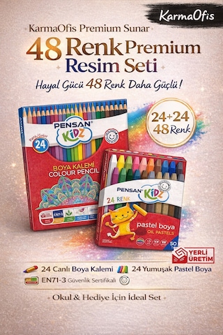 48 Renk Resim Seti 24 Boya Kalemi + 24 Yumuşak Pastel Boya Çocuk Boya Seti Yerli Üretim