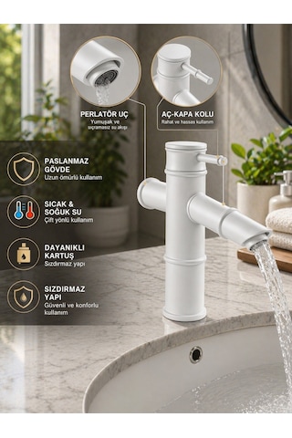 Viosa Premium Bambu Beyaz Banyo Lavabo Bataryası Çeşmesi Musluğu Modern Musluk Siyah