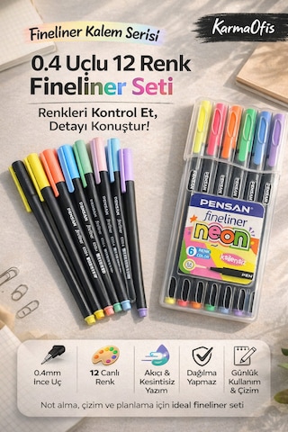 0.4 Uçlu 12 Renk Fineliner Kalem Seti Neon & Pastel Pensan İnce Uç Çizim Kalemi Seti