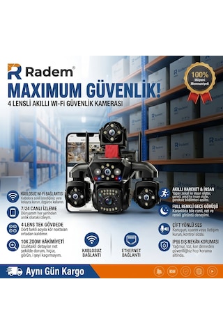 Radem Rd-110 4 Lens Akıllı Wi-fi Ptz Güvenlik Kamerası 10x Zoom Çift Yönlü Ses Full Renkli Gece Görüşü Ip66 Hareket Takibi