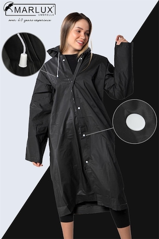 Marlux Unisex Su Rüzgar Geçirmez Kapüşonlu Çıtçıt Düğme Eva Yağmurluk - Siyah - Beyaz
