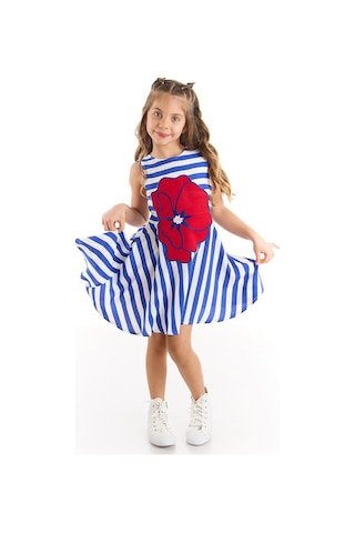 Denokids Mushi Çizgili Gelincik Dokuma Kız Elbise Beyaz - Mavi