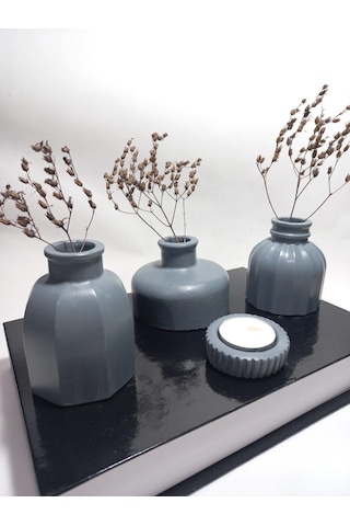 Modern Minimal Vazo Set 3'lü, Ev & Ofis Hediyelik, Dekoratif Obje, Gri