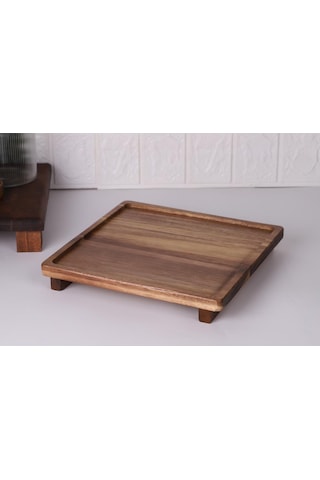 Atby Akasya Doğal Ahşap Ayaklı Kare Sunum Tepsisi Kahvaltı Peynir Meze Servis Tahtası 26x26cm Ahşap