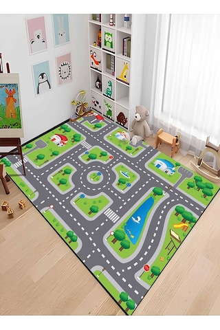 Yeşil Renk Şeritli Yol Çocuk Odası Oyun Halısı Yeşil