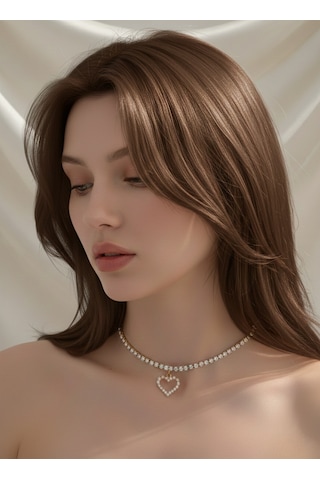 Tek Sıralı Kalp Figürlü Kristal Taşlı Choker Tasma Silver Gold Kolye Altın
