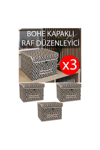 3 Adet Bohe Çok Amaçlı Kapaklı Kutu, Dolap Raf Düzenleyici, Dekoratif Saklama Kutusu 30x30x23 Cm Gri-beyaz