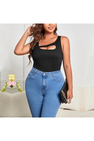 Munn Collection Kadın Sıfır Kol Geometrik Yaka Kaşkorse Bluz Siyah