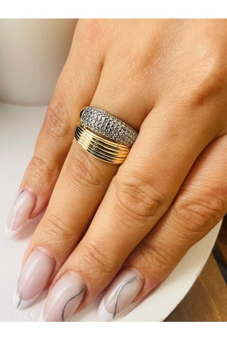 2 Sıra Zirkon Taşlı Gold-gümüş Detay Çelik Yüzük