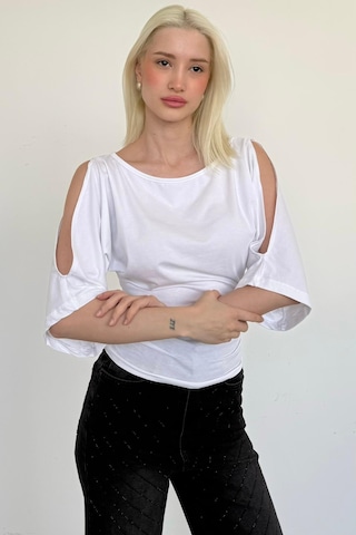 Madmext Beyaz Belden Büzgülü Yarasa Kollu Açık Omuz Bluz Mg2672 Beyaz