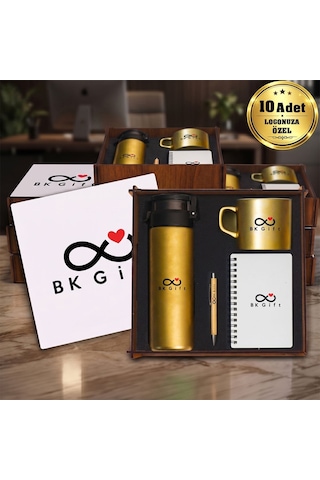 Logonuza Özel 10 Adet Ahşap Kutulu Gold Kurumsal Hediye Seti Cam Suluk, Seramik Fincan, Defter Ve Kalemli Promosyon Seti