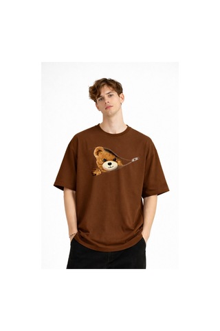 Misa Tahtakale Mn - Bear Baskılı Oversize Tişört Kahve Çok Renkli