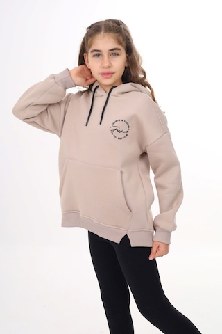 Toontoy Kız Çocuk Oversize Kapüşonlu Cepli Düşük Omuz Baskılı Yırtmaçlı Sweatshirt - 3 İplik Şardonlu Bej