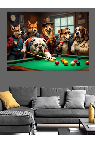 Bilardo Masasında Köpekler Dekoratif Kanvas - Mdf Ahşap Tablo