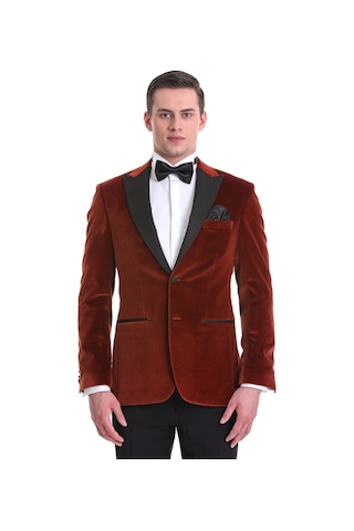 Hatemoğlu Kiremit Slim Fit Düz Sivri Yaka Kadife Klasik Smokin Damatlık 33 Kahverengi