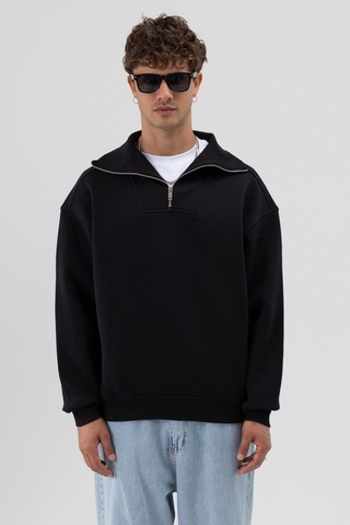 Vamos Basic Fermuarlı Dik Yaka Sweatshirt Siyah