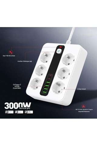 6'lı Grup Priz 4xusb 2xtype-c Çıkışlı Isıya Dayanıklı Power Tuşlu 2 Mt Kablolu Priz Çoğaltıcı Standart