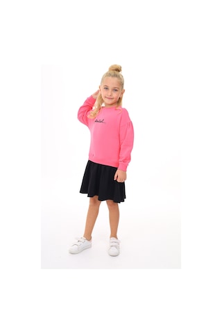 Toontoy Kız Çocuk Baskılı Relax Fit Bisiklet Yaka Uzun Kollu Elbise - Renk Bloklu - Tk24346 Fuşya