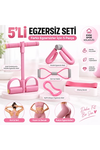 5'li Yoga Pilates Egzersiz Seti Direnç Bandı Elastik Evde Spor Aletleri Pembe