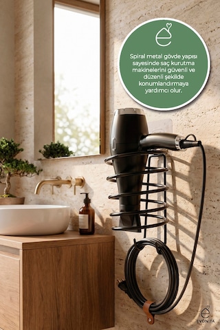 Yapışkanlı Saç Kurutma Makinesi Askısı Mat Siyah Metal Fönlük Delmeden Montaj Banyo Organizer
