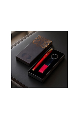 10 Adet Kutulu Kırmızı Anahtarlık Ve Kalem Seti Kişiye Özel Hediyelik, Deri Ve Metal Anahtarlık, Metal Roller Kalem, Keychain Pen