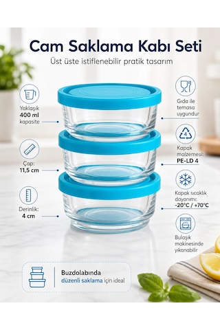 3'lü Cam Saklama Kabı Seti - 400ml X 3 Çok Renkli