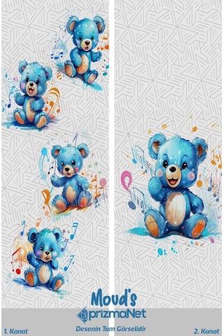 Mavi Ayıcık Desenli Baskılı Çocuk Ve Bebek Odası Fon Perdesi 2 Kanat - Prd-02 Çok Renkli