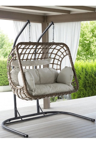 Salyan Elma Dilimi Tasarım Rattan İki Kişilik Bahçe & Balkon Salıncağı Minderli, Dayanıklı Metal Gövde Kahverengi