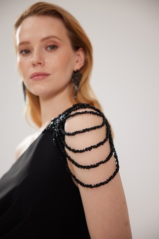 Doridorca Kadın Büyük Beden Tek Omuz Ve Omzu Taş Detaylı Uzun Abiye Elbise 6053 Siyah