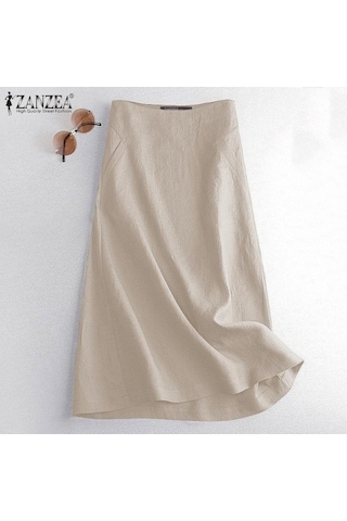 Fastbuy Bayan Yaz Fermuarlı Pamuk Etek - Keten Karışımı, Bej Renk Bej