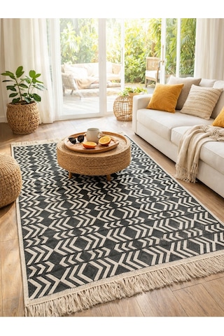 Zikzak Çizgili Desenli Pamuklu Dokuma Çift Taraflı Kilim Yıkanabilir Modern Yolluk Kaymaz Dekoratif Halı Gri
