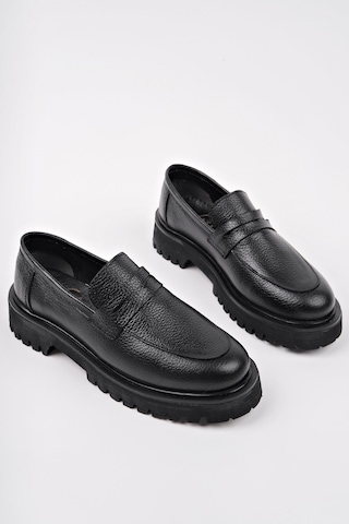 Muggo Paradise Hakiki Deri Kalın Taban Günlük Casual Makosen Kadın Loafer Ayakkabı Siyah