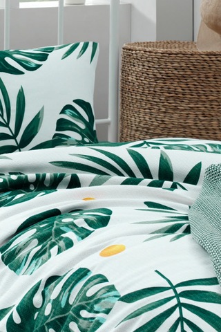 Tek Kişilik Baskılı Pike Takımı Monstera Yeşil Yeşil