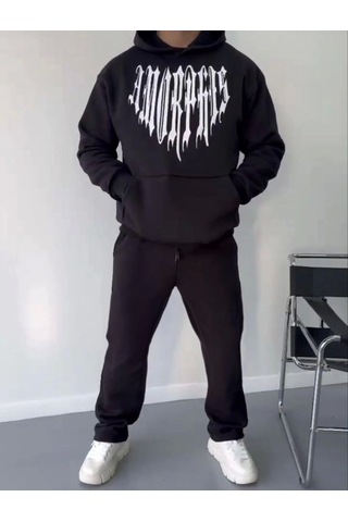 Efnaz Style Uzun Kol Kapşonlu Baskılı Sweatshirt - Siyah