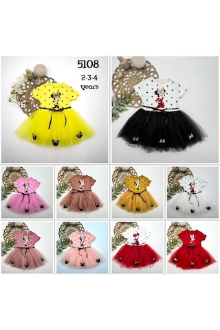 Pekminibebe 2-3-4 Yaş Puantiyeli Mickey Baskılı Kurdela Kuşaklı Astarlı Kız Bebek Tütü Elbisesi Kahverengi