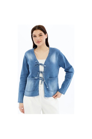Selectmoda Kadın Denim V Yaka Önden Cepli Bağlama Detaylı Ceket/hırka Mavi