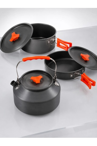 Kompakt Kamp Yemek Seti Alüminyum Tencere Tava Çaydanlık Taşıma Fileli Outdoor Set Açık Lacivert