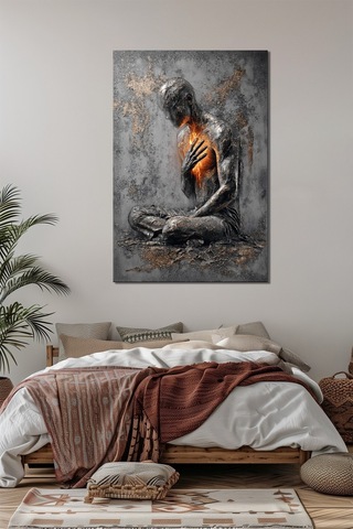 Yanan Kalp Meditasyon Baskılı Cam Tablo İçsel Güç Ve Enerji Temalı Duvar Dekoru
