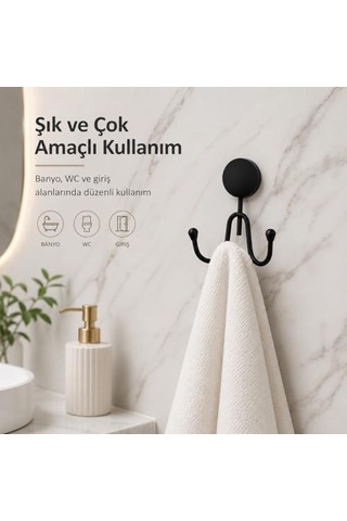 Lotus Siyah İkili Havlu Askılığı, Yapışkanlı Ve Vidalı Montajlı Duvar Askısı, Mat Siyah Statik Boyama, 35 Mm Oval Bantlı Banyo Askısı