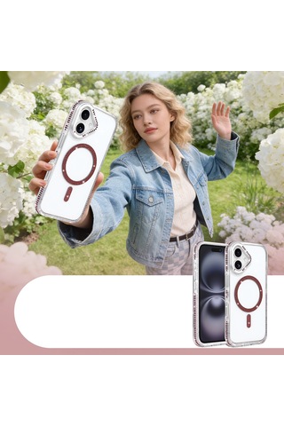 Apple iPhone Uyumlu 16 Kılıf Magsafe Şarj Özellikli Taşlı Lüx Tasarım Tera Silikon Kapak Mürdüm