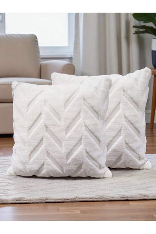 İskandinav Stil Peluş Yumuşak Dokulu Dekoratif Kırlent Kılıfı 2 Li Set 43x43 Cm Krem Balıksırtı
