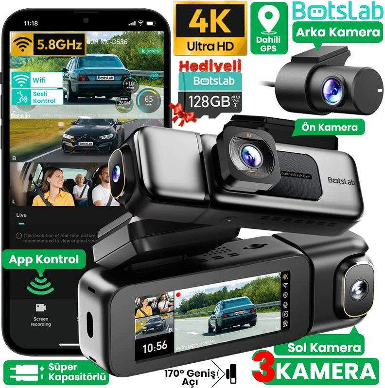 360+ Botslab G980h Pro 4k 3 Kameralı Wifi+gps Akıllı Araç İçi Kamera +170 Geniş Açı+süper Kapasitör+sesli Kontrol+gece Görüşlü 128gb Hafıza Kartı Hediyeli