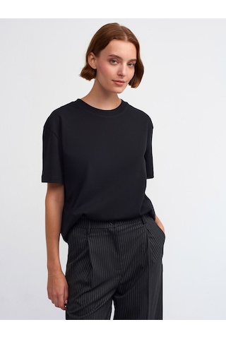 Dilvin Dekoratif Dikişli Bisiklet Yaka Tshirt  Siyah