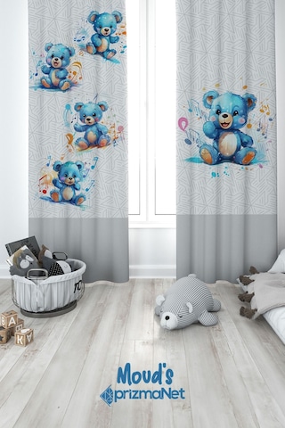 Mavi Ayıcık Desenli Baskılı Çocuk Ve Bebek Odası Fon Perdesi 2 Kanat - Prd-02 Çok Renkli