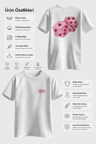 Spoyi Aşk Zarları Tasarımlı %100 Pamuk Yarım Oversize Beyaz T-shirt