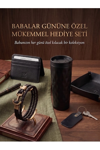 Deerderi Aten Hakiki Deri El İşçiliği Kartlık Bileklik, Anahtarlık Ve Termos Kupa Seti Babalar Günü Hediyesi Siyah