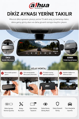 Dhı-t5 Dikiz Aynalı Araç İçi Kamera 4k Çözünürlük + Ön Ve Arka Kamera + Gps + Park Sensörü + Dokunmatik Ekran + App Kontrol